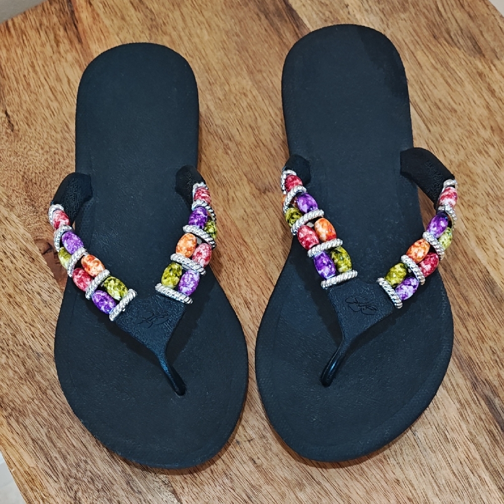 Pali Hawaii Black Sandals with Multicolor Beaded Straps